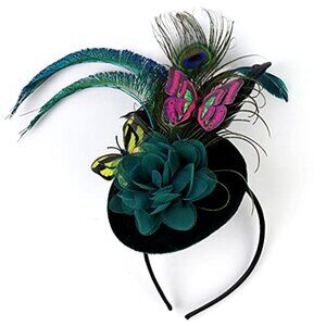 Elegant Teal and Black Fascinator with Peacock Feathers